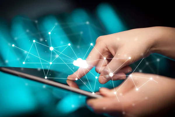 depositphotos 212419682 stock photo fingers touching tablet with cloud